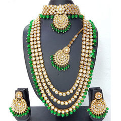 Gold Rodium Polish Green, White and Off White color Necklace in Metal Alloy studded with Kundan