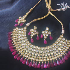 Gold Rodium Polish Purple and Violet, White and Off White color Necklace in Metal Alloy studded with Kundan