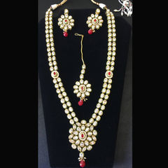 Gold Rodium Polish Red and Maroon, White and Off White color Necklace in Metal Alloy studded with Kundan