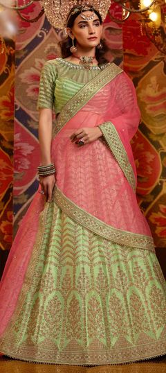 Green color Lehenga in Raw Silk fabric with Embroidered, Resham, Sequence, Thread, Zari work