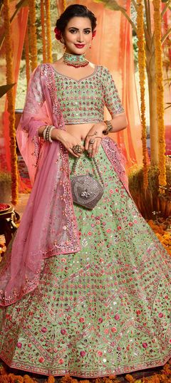 Green color Lehenga in Organza Silk fabric with Mirror, Thread, Zari work