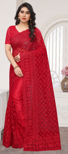 Red and Maroon color Saree in Net fabric with Embroidered, Moti, Resham, Stone, Thread work