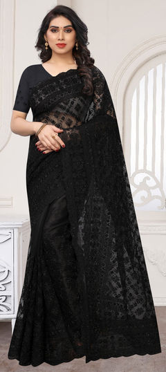 Black and Grey color Saree in Net fabric with Embroidered, Moti, Resham, Stone, Thread work