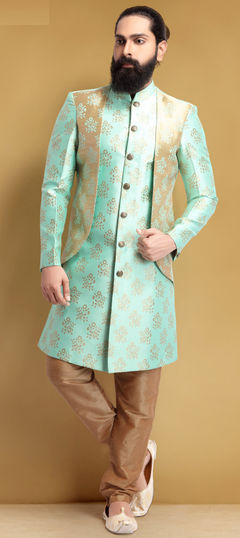 Blue color IndoWestern Dress in Jacquard fabric with Weaving work