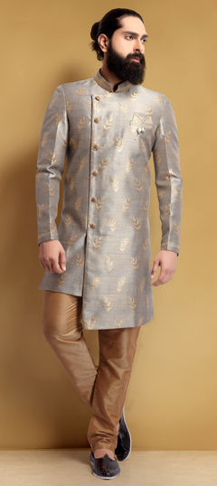 Black and Grey color IndoWestern Dress in Jacquard fabric with Broches, Weaving work