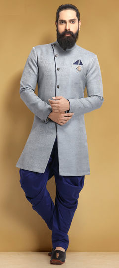 Blue color IndoWestern Dress in Jacquard fabric with Broches, Weaving work