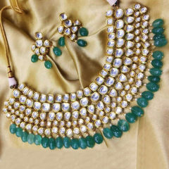 Gold Rodium Polish Green, White and Off White color Necklace in Metal Alloy studded with Kundan