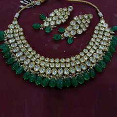Gold Rodium Polish Green, White and Off White color Necklace in Metal Alloy studded with Kundan
