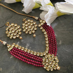 Gold Rodium Polish Red and Maroon, White and Off White color Necklace in Metal Alloy studded with Kundan