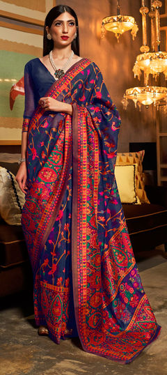 Blue color Saree in Kashmiri Silk, Silk fabric with Weaving work