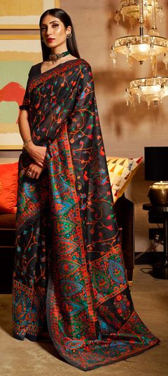 Black and Grey color Saree in Kashmiri Silk, Silk fabric with Weaving work