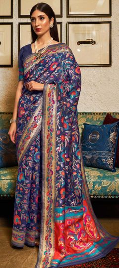 Blue color Saree in Kashmiri Silk, Silk fabric with Weaving work