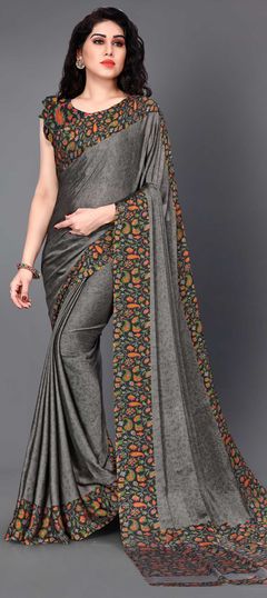 Black and Grey color Saree in Crepe Silk, Silk fabric with Printed work