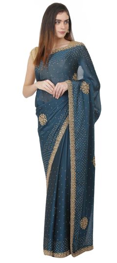 Festive, Reception Blue color Saree in Georgette fabric with Classic Cut Dana, Resham, Thread, Zircon work : 1675128