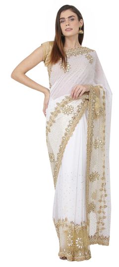 White and Off White color Saree in Georgette fabric with Cut Dana, Resham, Thread, Zircon work