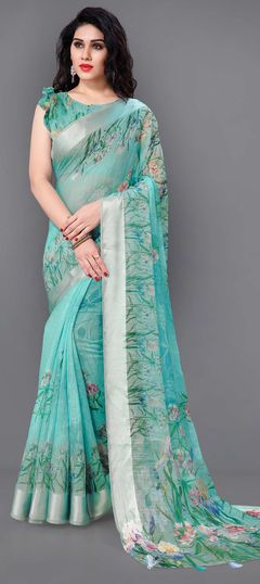 Blue color Saree in Cotton fabric with Floral, Printed work