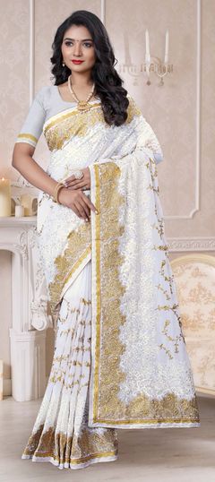 White and Off White color Saree in Georgette fabric with Embroidered, Resham, Stone, Thread, Zari work