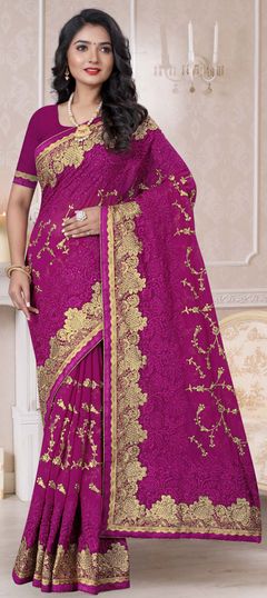 Pink and Majenta color Saree in Georgette fabric with Embroidered, Resham, Stone, Thread, Zari work