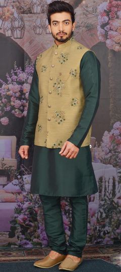 Gold, Green color Kurta Pyjama with Jacket in Art Silk fabric with Embroidered, Sequence, Thread work