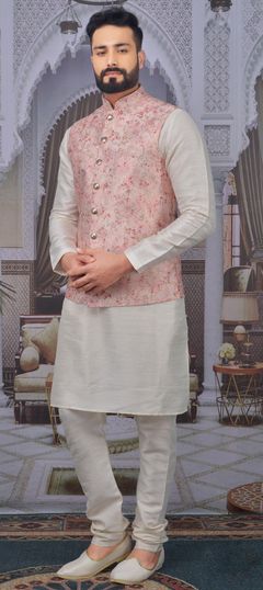 Beige and Brown, Pink and Majenta color Kurta Pyjama with Jacket in Art Silk fabric with Embroidered, Floral, Printed, Thread work