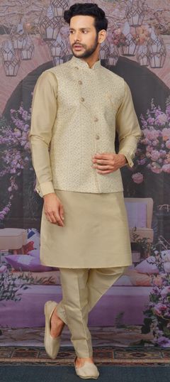 Beige and Brown color Kurta Pyjama with Jacket in Art Silk fabric with Embroidered, Sequence, Thread work