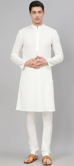 White and Off White color Kurta Pyjamas in Blended Cotton fabric with Embroidered, Resham work