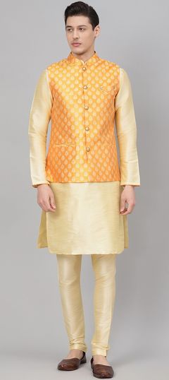 Beige and Brown, Yellow color Kurta Pyjama with Jacket in Dupion Silk fabric with Broches, Weaving work