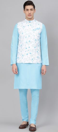 Blue, White and Off White color Kurta Pyjama with Jacket in Blended Cotton fabric with Floral, Printed work