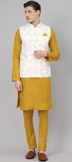 White and Off White, Yellow color Kurta Pyjama with Jacket in Blended Cotton fabric with Floral, Printed work