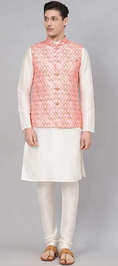 Pink and Majenta, White and Off White color Kurta Pyjama with Jacket in Dupion Silk fabric with Broches, Printed work