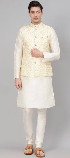 White and Off White color Kurta Pyjama with Jacket in Dupion Silk fabric with Broches, Printed work