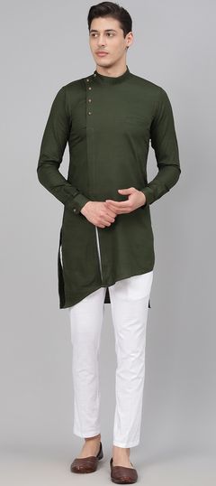 Green, White and Off White color Kurta Pyjamas in Blended Cotton fabric with Thread work