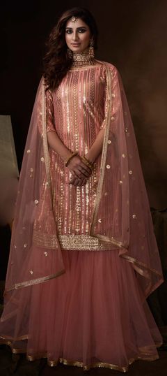 Pink and Majenta color Salwar Kameez in Net fabric with Embroidered, Sequence, Thread, Zari work