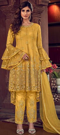 Yellow color Salwar Kameez in Net fabric with Embroidered, Resham, Sequence, Thread work