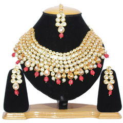 Gold Rodium Polish Pink and Majenta, White and Off White color Necklace in Metal Alloy studded with CZ Diamond, Kundan
