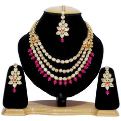 Gold Rodium Polish Pink and Majenta, White and Off White color Necklace in Metal Alloy studded with CZ Diamond, Kundan