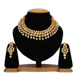 Gold Rodium Polish White and Off White color Necklace in Metal Alloy studded with CZ Diamond, Kundan