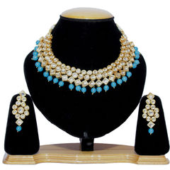 Gold Rodium Polish Blue, White and Off White color Necklace in Metal Alloy studded with CZ Diamond, Kundan