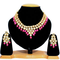 Gold Rodium Polish Pink and Majenta color Necklace in Metal Alloy studded with CZ Diamond, Pearl