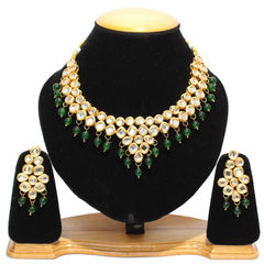 Gold Rodium Polish Green color Necklace in Metal Alloy studded with CZ Diamond, Pearl