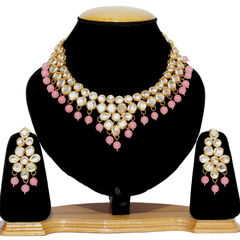 Gold Rodium Polish Pink and Majenta color Necklace in Metal Alloy studded with CZ Diamond, Pearl