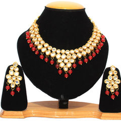Gold Rodium Polish Red and Maroon color Necklace in Metal Alloy studded with CZ Diamond, Pearl