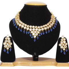 Gold Rodium Polish Blue color Necklace in Metal Alloy studded with CZ Diamond, Pearl