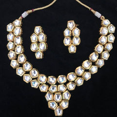 Gold Rodium Polish White and Off White color Necklace in Metal Alloy studded with CZ Diamond, Kundan