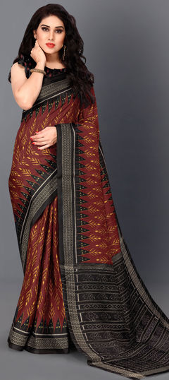 Red and Maroon color Saree in Cotton fabric with Printed work