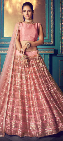 Pink and Majenta color Lehenga in Net fabric with Sequence, Thread, Zari work