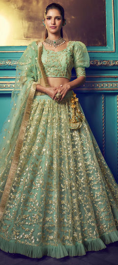 Festive, Mehendi Sangeet, Wedding Green color Lehenga in Net fabric with A Line Sequence, Thread, Zari work : 1678130