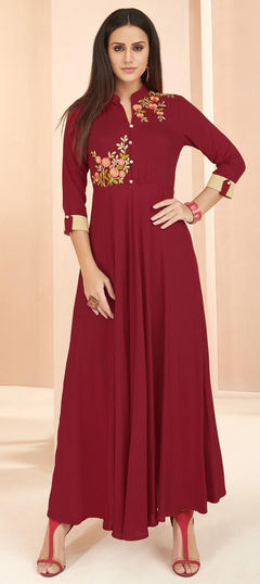 Red and Maroon color Kurti in Rayon fabric with Thread work