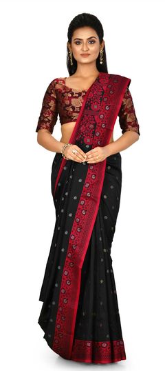 Black and Grey color Saree in Banarasi Silk, Silk fabric with Weaving work