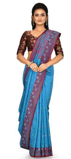 Blue color Saree in Banarasi Silk, Silk fabric with Weaving work